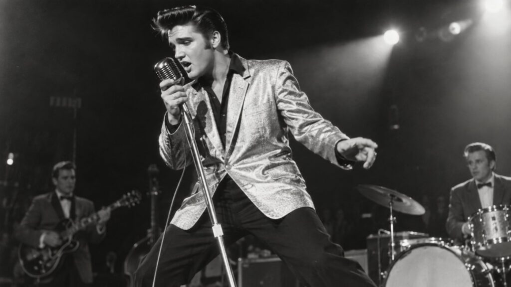 A real archival black and white photograph of Elvis Presley performing on stage with a microphone during his early caree