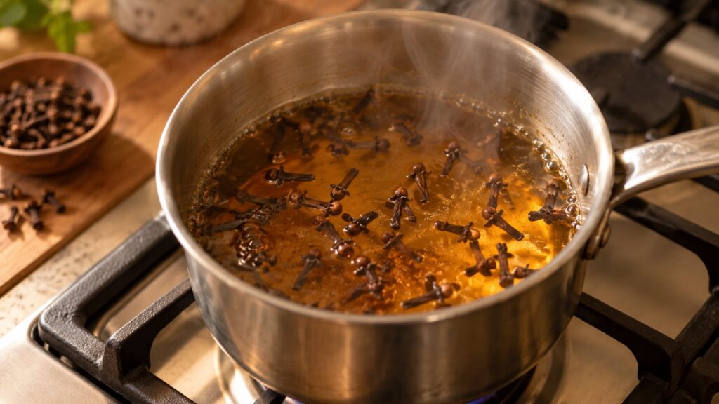 A close-up of whole cloves simmering in a small pot of water on a stove with steam gently rising