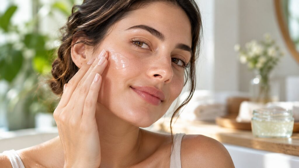A woman s hand gently applying a translucent gel to her clean face demonstrating the usage of the homemade beauty remedy