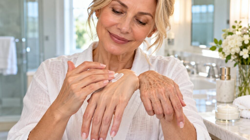 A woman applying a homemade cream to her hands showing visibly smoother and more youthful skin on one hand compared to t