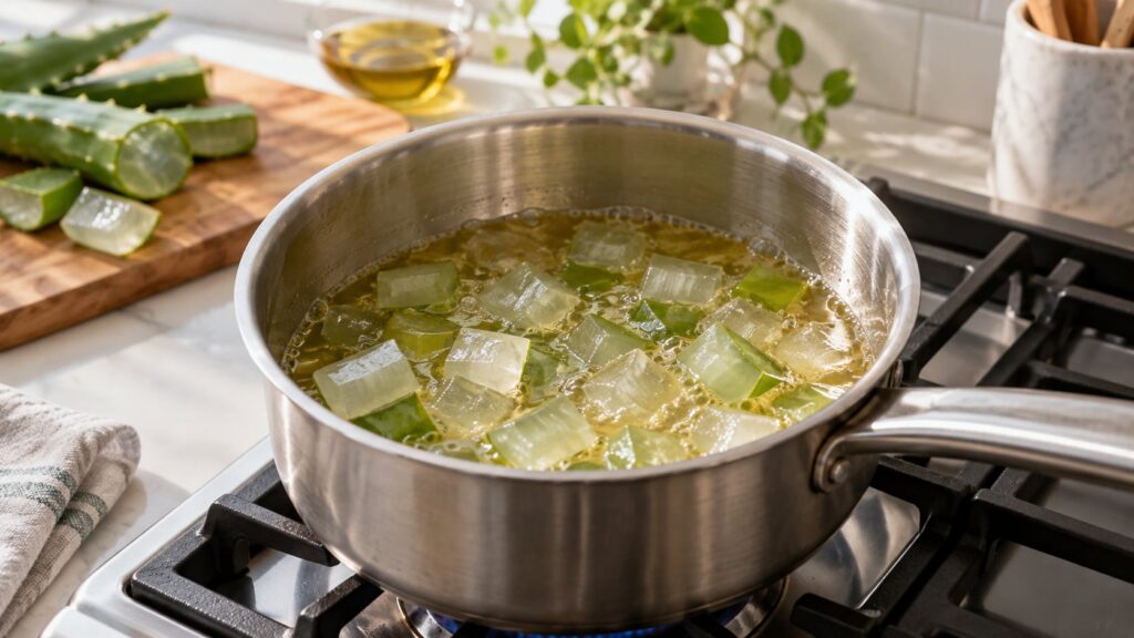 Diced aloe vera cubes simmering gently in a stainless steel saucepan with carrier oil on a stovetop