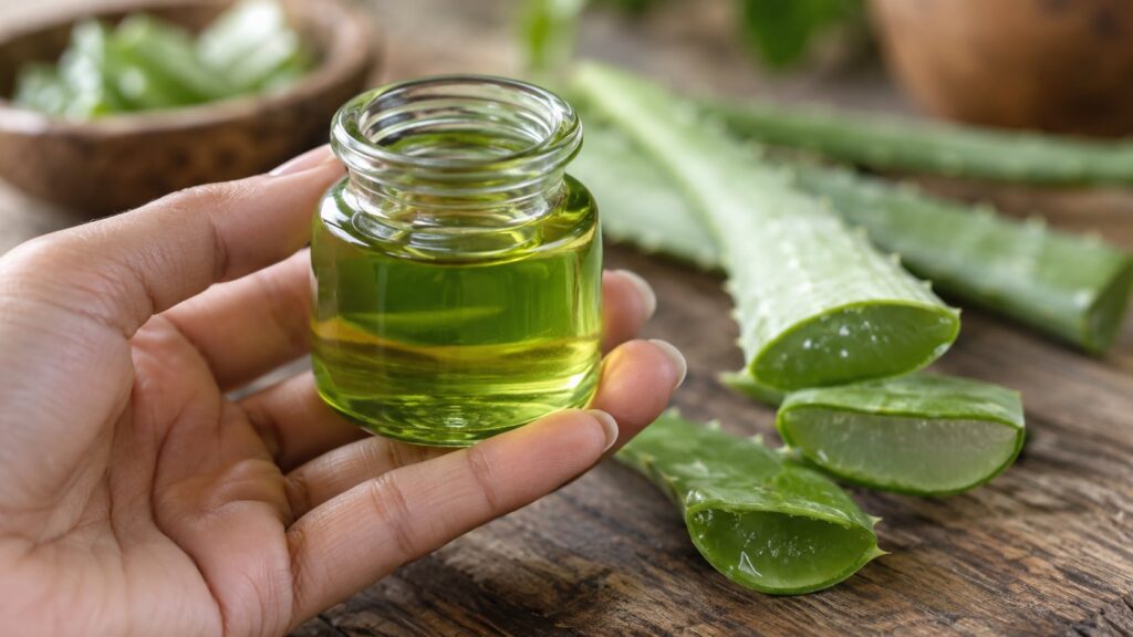A hand holding a small glass jar filled with vibrant green aloe vera hair oil and fresh aloe vera pieces on a wooden sur