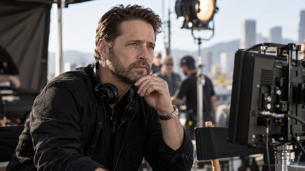 Jason Priestley as an adult perhaps directing a scene or looking thoughtful on a set showing his continued career beyond