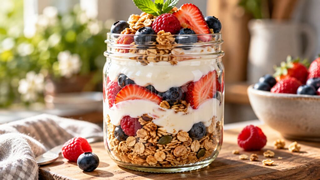 A close-up of a single beautifully layered parfait in a glass jar showcasing vibrant fruits creamy yogurt and crunchy gr