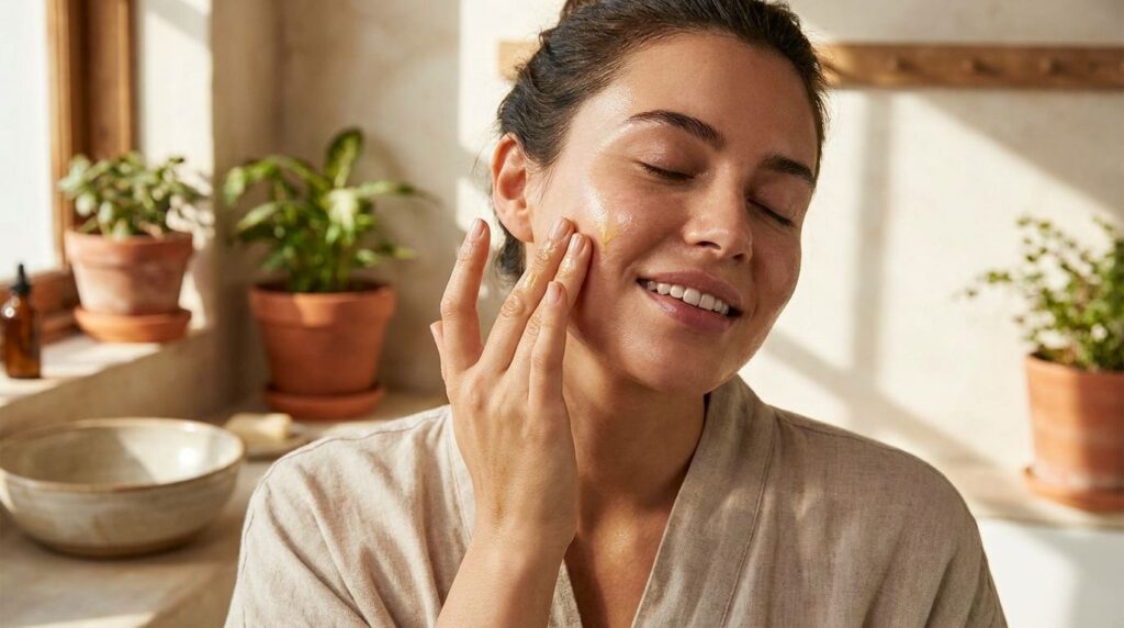 A person gently applying the DIY Botox Oil to their face using their fingertips with a soft glowing complexion The scene