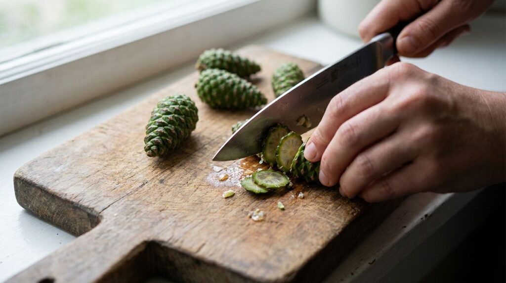A close-up shot of young green pine cones being sliced on a wooden cutting board with a knife The cones are small and ap