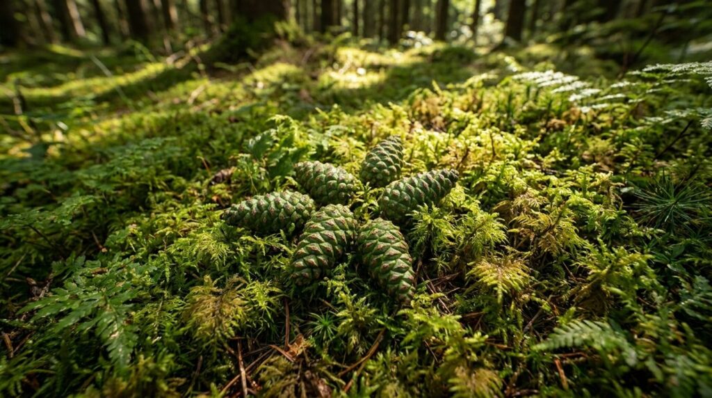 Several small young green pine cones are resting on a vibrant green mossy forest floor illustrating the ideal stage for 