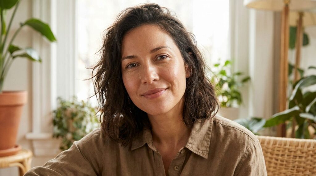 A woman with radiant healthy-looking skin smiling gently conveying a sense of natural beauty and wellness