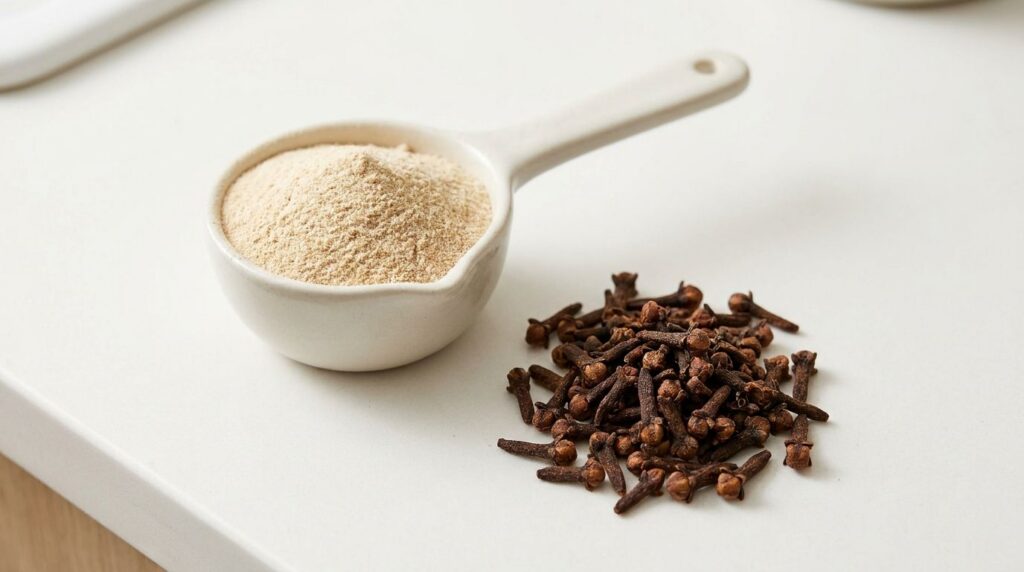 Close-up of unflavored collagen powder in a scoop next to a small pile of whole cloves on a clean white surface