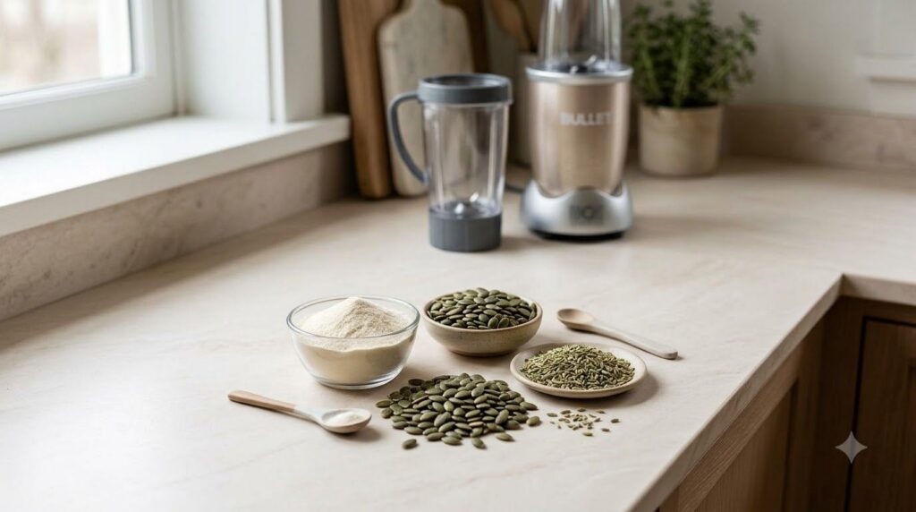 Ingredients for the beauty powder collagen powder pumpkin seeds fennel seeds laid out on a clean surface with a blender 
