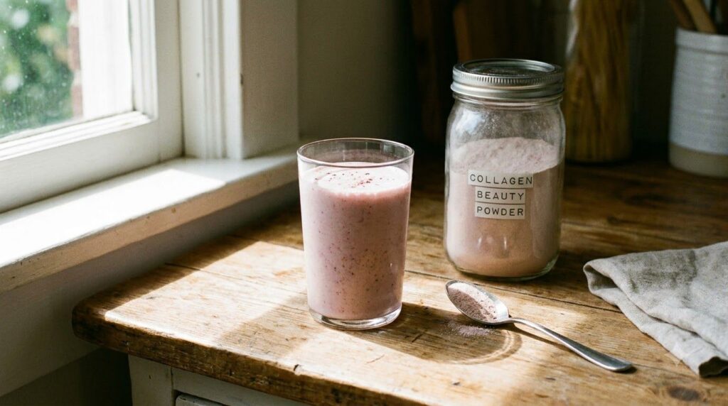 A glass of smoothie or water with the collagen beauty powder mixed in next to the jar of powder and a spoon