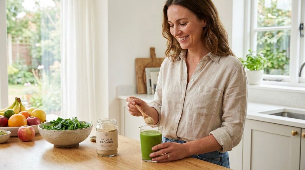 A woman gently stirring the beauty powder into a glass of smoothie looking happy and healthy