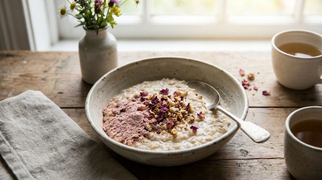 A bowl of oatmeal or yogurt topped with the natural radiance beauty powder ready to be eaten A spoon is in the bowl
