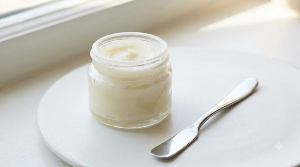 A small glass jar filled with the freshly made DIY Vaseline cream with a small spatula next to it on a clean background