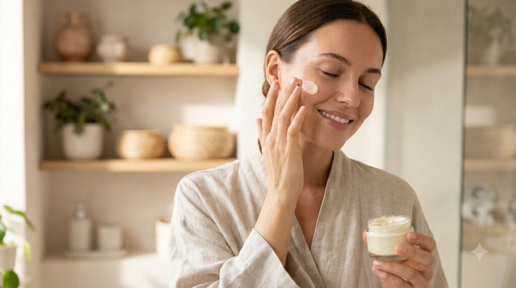 A woman gently applying a small amount of the DIY Vaseline cream to her cheek demonstrating the nighttime application ro