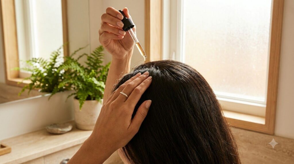 A person s hands gently massaging a homemade hair serum into their scalp with natural healthy-looking hair