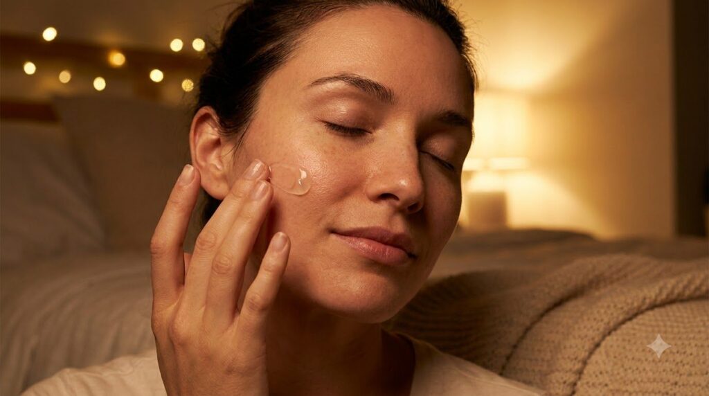 A woman gently applying the homemade glass skin gel to her face before bed