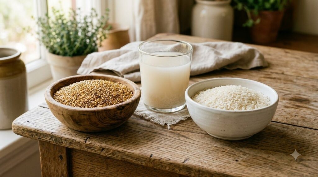 A small bowl of flaxseeds and a separate bowl of rice with a glass of rice water in the background all arranged on a rus