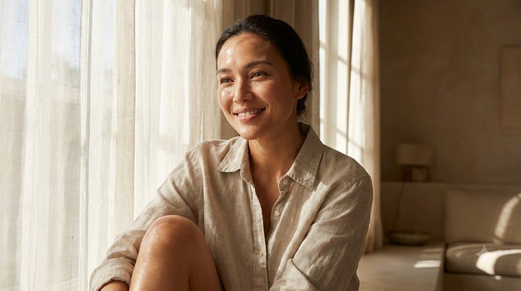 A woman with radiant dewy skin looking refreshed and glowing in the morning light