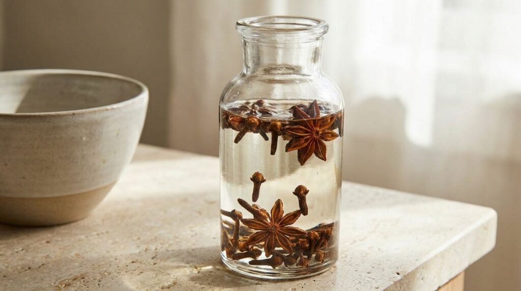 Close-up of cloves and star anise infusing in baby oil inside a clear glass bottle on a countertop