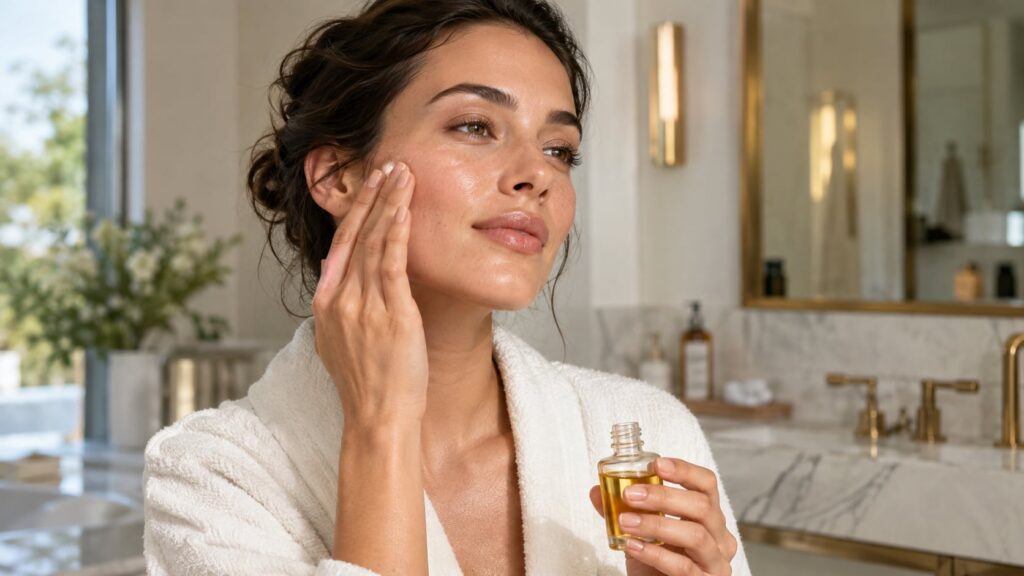 A woman gently patting a small amount of oil onto her face with her fingertips showing radiant skin