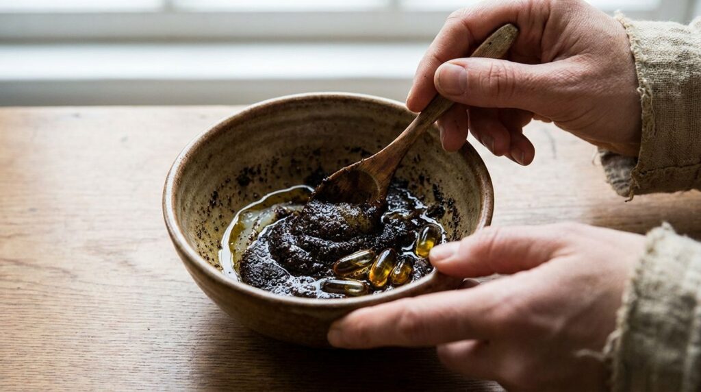 Hands mixing Vaseline baby oil coffee grounds and vitamin E oil in a small bowl with a wooden spoon to create a homemade