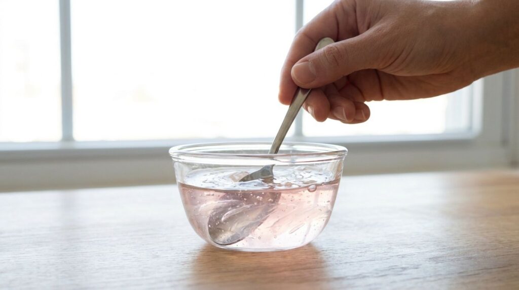 A person s hand mixing aloe vera gel and rosewater in a small glass bowl with a spoon showing the clear liquid consisten