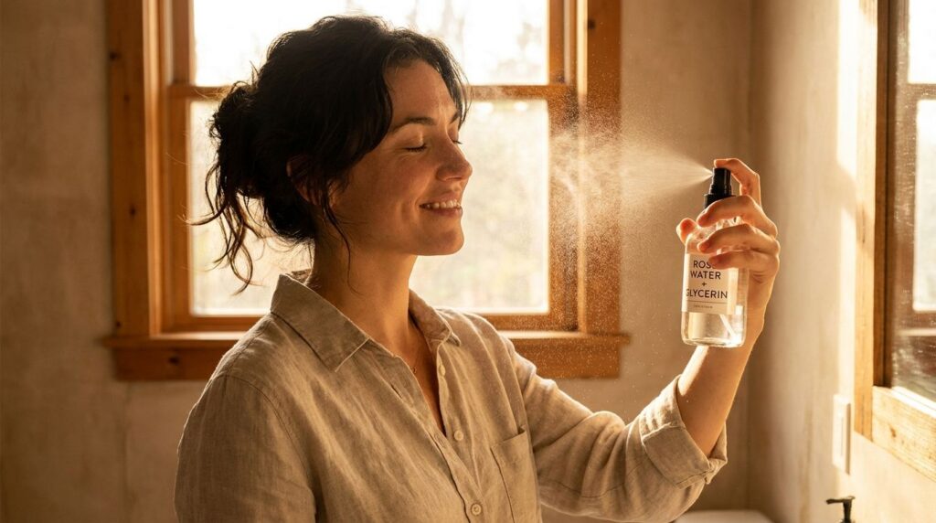 A woman gently misting her face with a DIY toner from a spray bottle her eyes closed and a soft refreshed expression
