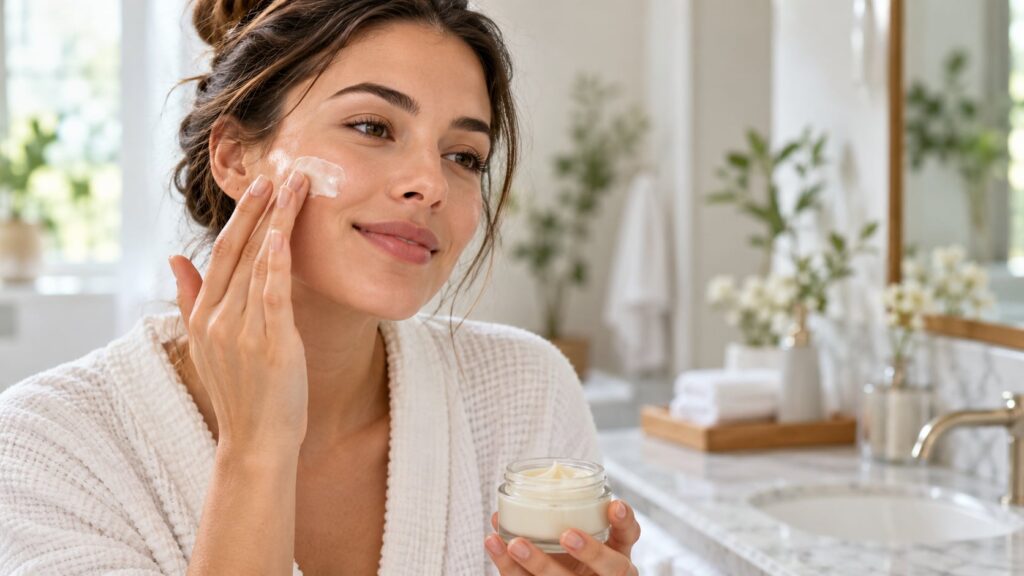 A woman gently applying a small amount of the homemade collagen cream to her face massaging it in with her fingertips