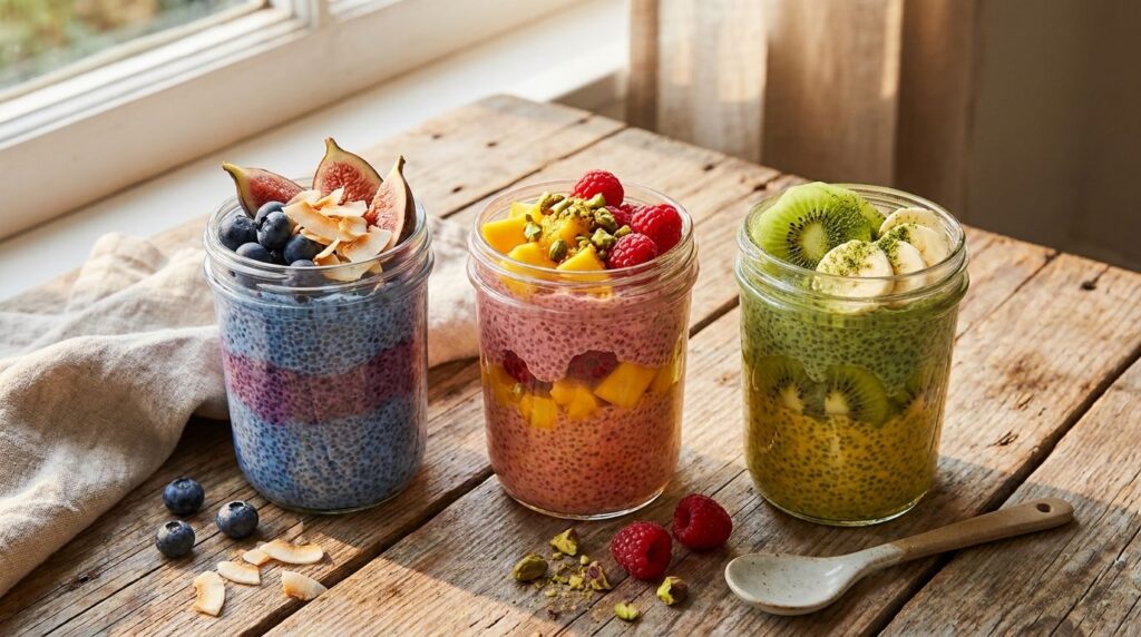 Three individual glass jars of colorful chia pudding each with different fruit and topping combinations neatly arranged