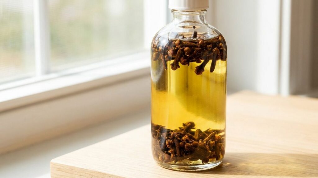Close-up of dried cloves infusing in a bottle of baby oil with a subtle golden glow representing the DIY preparation pro