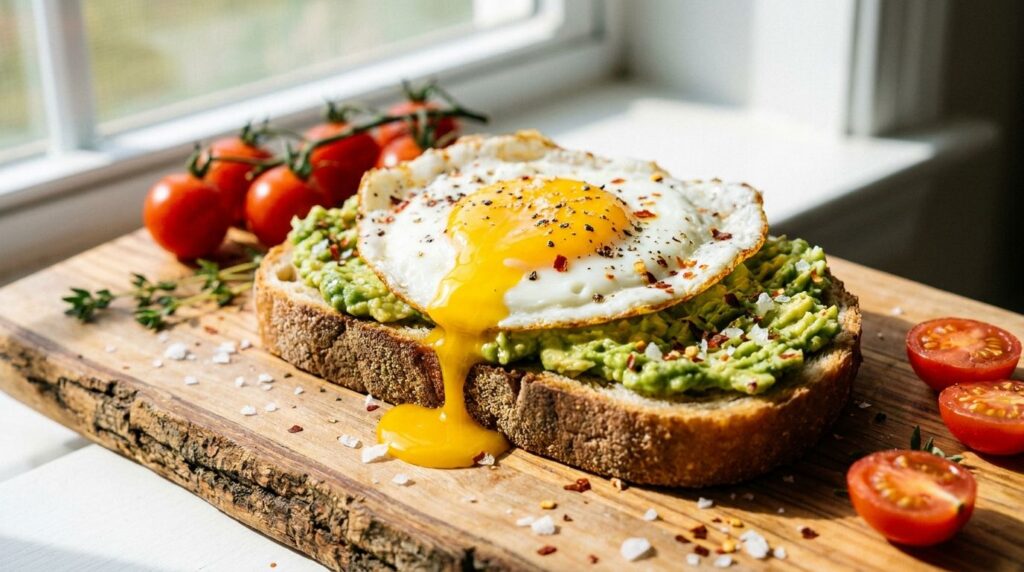 A single slice of whole-grain toast topped with mashed avocado and a perfectly fried egg sprinkled with everything bagel