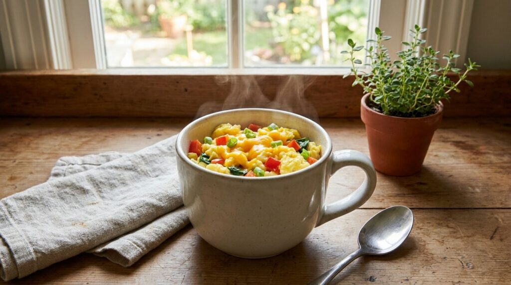 A microwave-safe mug filled with fluffy scrambled eggs cheese and colorful vegetables fresh out of the microwave