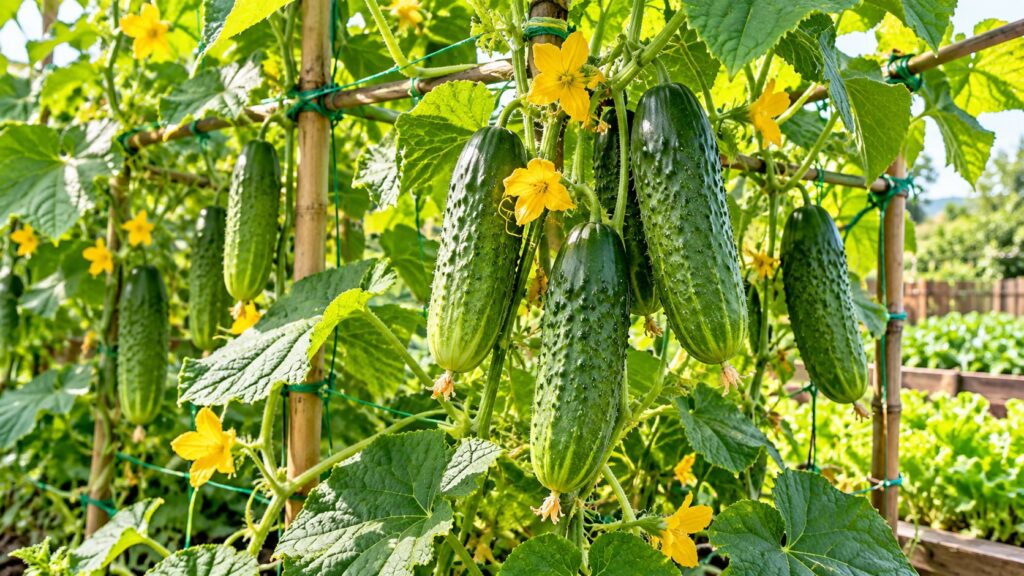 A vibrant healthy cucumber plant with multiple ripe cucumbers hanging from a trellis surrounded by lush green leaves and