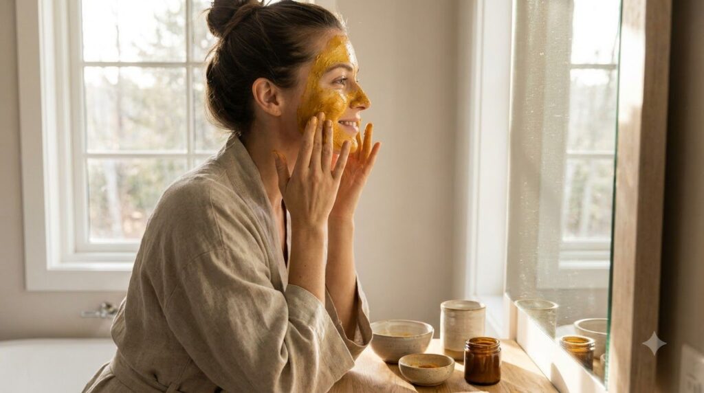 A woman gently applying a golden turmeric and honey mask to her clean face with a soft natural glow on her skin