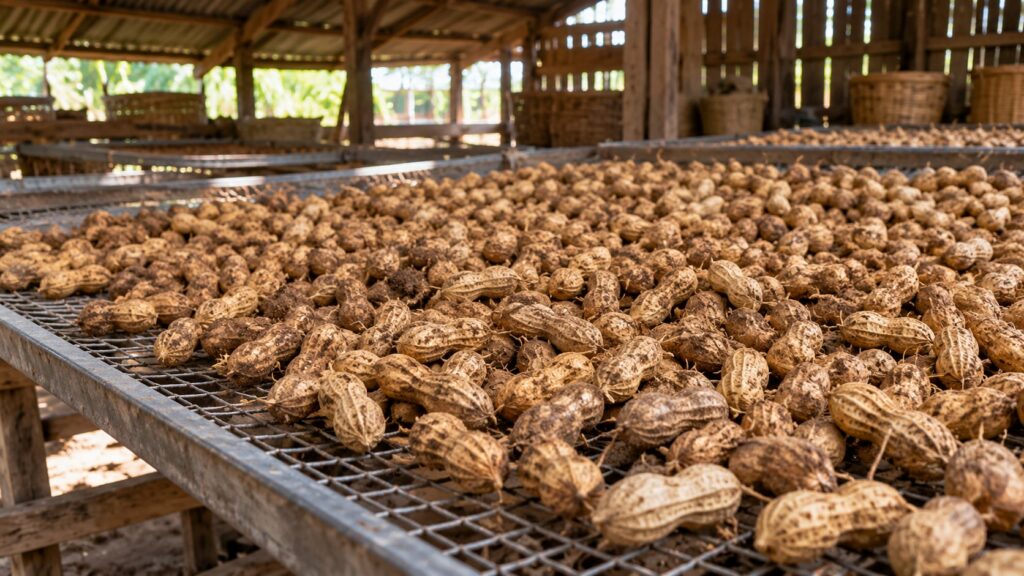 A pile of raw uncured peanuts spread out on a drying rack or screen in a cool dry well-ventilated area illustrating the 