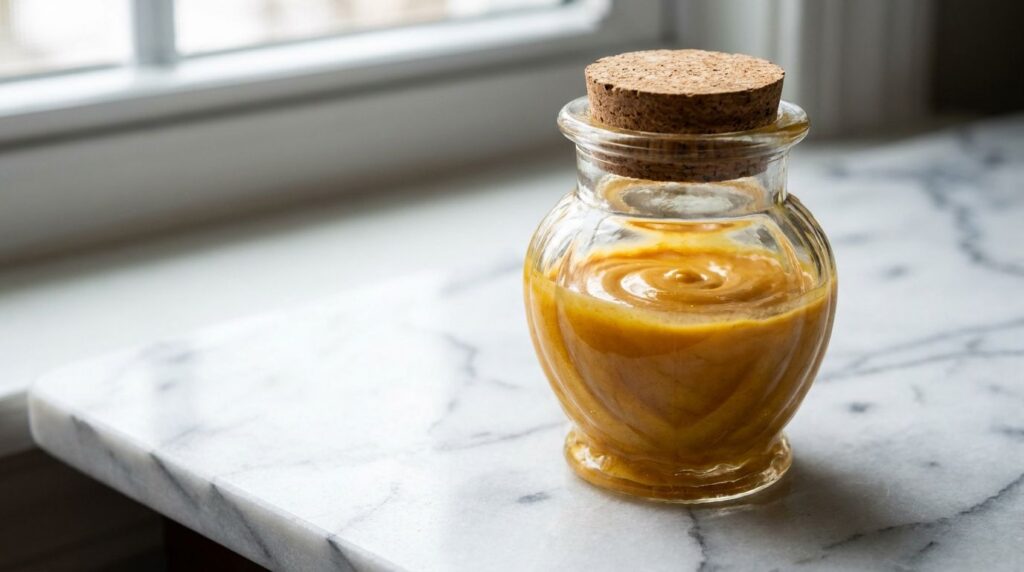A close-up of a small glass jar containing the freshly mixed Golden Glow Blend of Vaseline turmeric and honey The textur