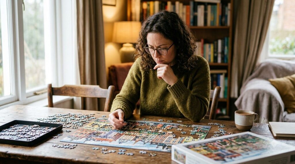 A thoughtful person looking at a complex puzzle symbolizing concentration and problem-solving