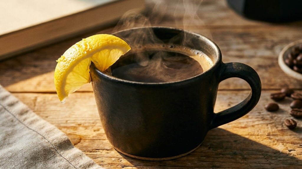 A close-up shot of a steaming mug of black coffee with a fresh lemon wedge on the rim indicating a simple casual way to