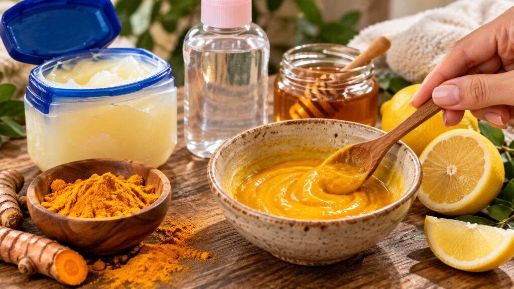 A close-up of a small bowl containing a yellow-orange paste with a wooden spoon mixing it surrounded by small containers