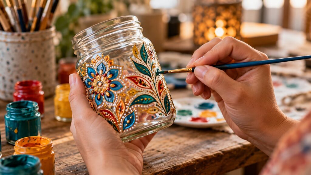 Hands painting intricate patterns on a glass jar with acrylic paint and a fine brush showing the creative process in act
