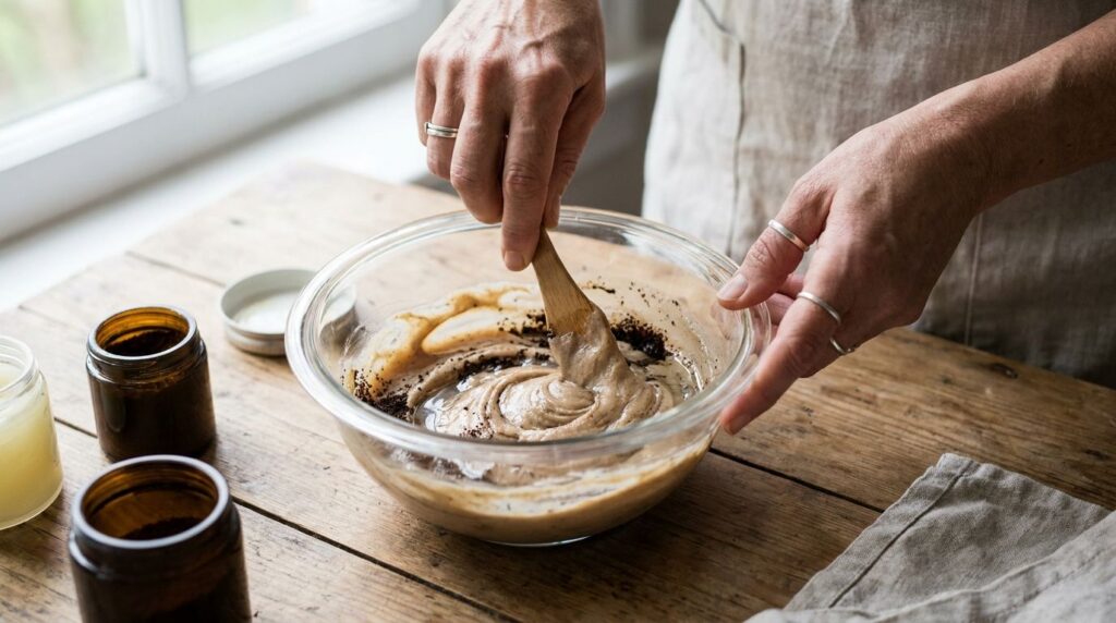 Hands mixing softened Vaseline coffee powder and baby oil in a small glass bowl with a spatula creating a smooth light b
