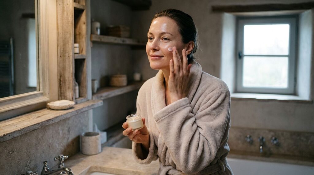 A woman gently applying a small amount of the Vaseline coffee and baby oil night cream to her face showing a radiant and