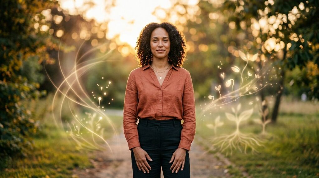 A person standing tall and confident in a gentle light looking forward with blurred positive affirmations in the backgro