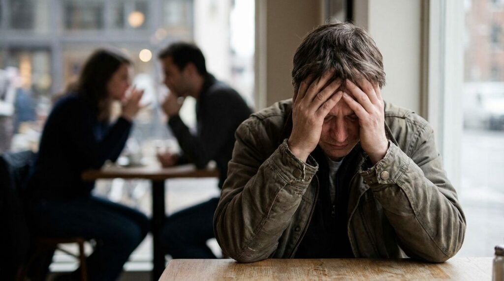 A person looking stressed holding their head in their hands with blurred figures in the background gossiping and pointin