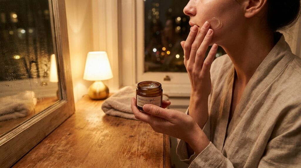 A person applying a small amount of the DIY night gel to their clean face as part of their evening routine