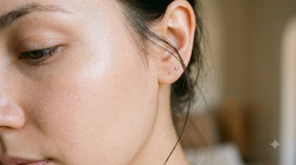 A close-up of smooth youthful-looking skin after applying a natural homemade gel with a gentle glow