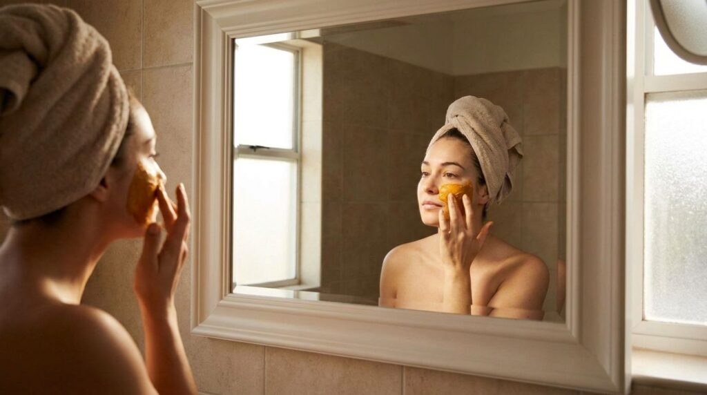 A woman gently applying a yellow turmeric face mask to her clean face in a bathroom mirror reflection