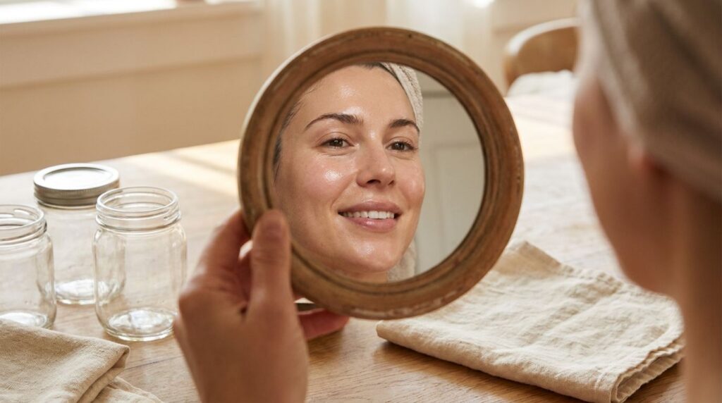 A hand holding a small mirror to reflect a woman s face after using a face mask showing bright clear skin with a soft gl