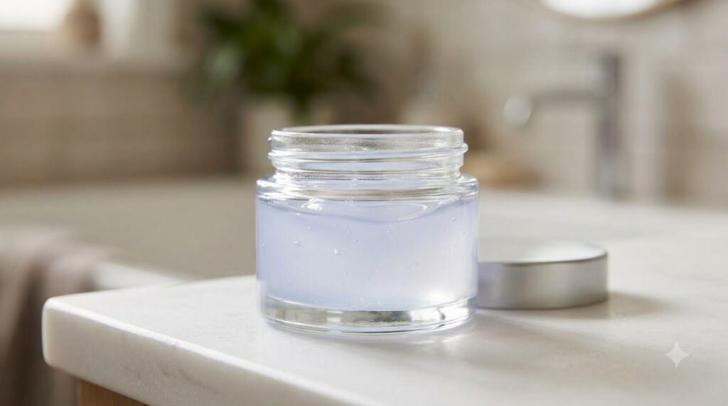 A small clean glass jar containing the mixed DIY night gel with a smooth translucent texture next to a fresh rose petal